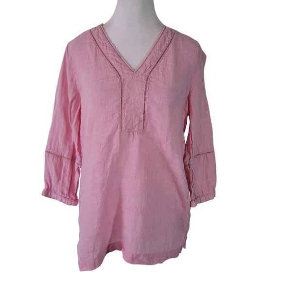 Joie Size S 100% Linen Light Pink 3/4 Sleeve Open Stitch Hem Detail Top - Picture 1 of 8
